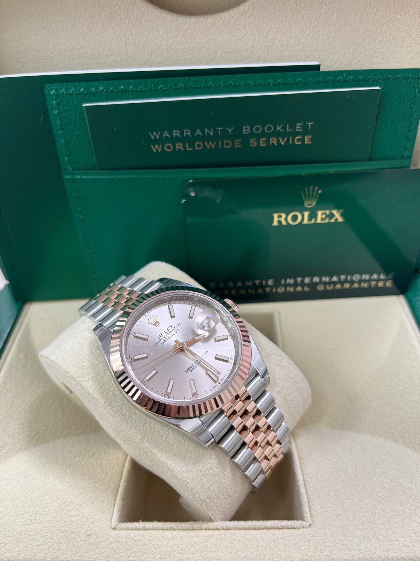 Rolex Datejust 41 Steel and Everose Rolesor Fluted Bezel Sundust Index Dial Jubilee Bracelet 126331