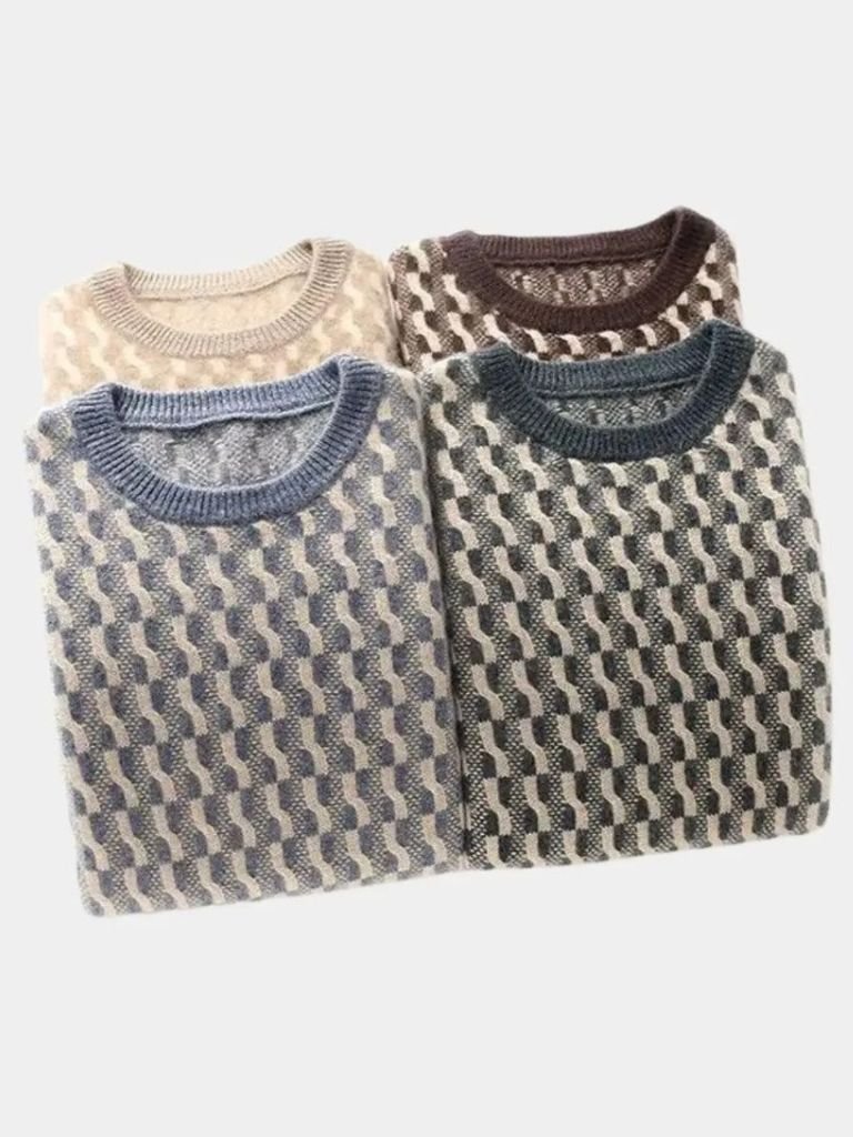 100% Wool Geometric Crew Neck Pullover Sweater - Cross & Crown