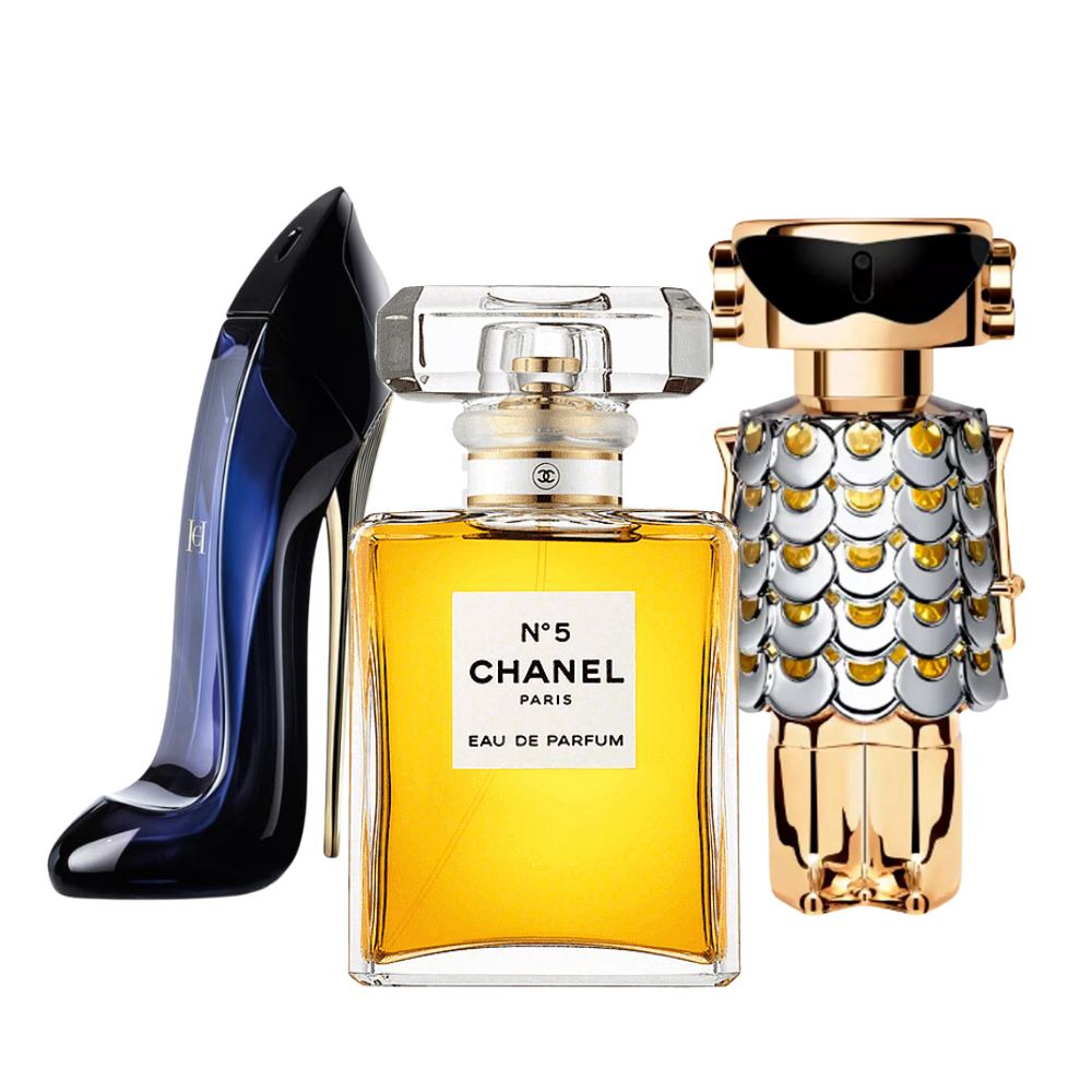 3 Parfüms Carolina Herrera GOOD GIRL, Chanel Nº5 und Paco Rabanne FAME (Eau de Parfum) - 100ml